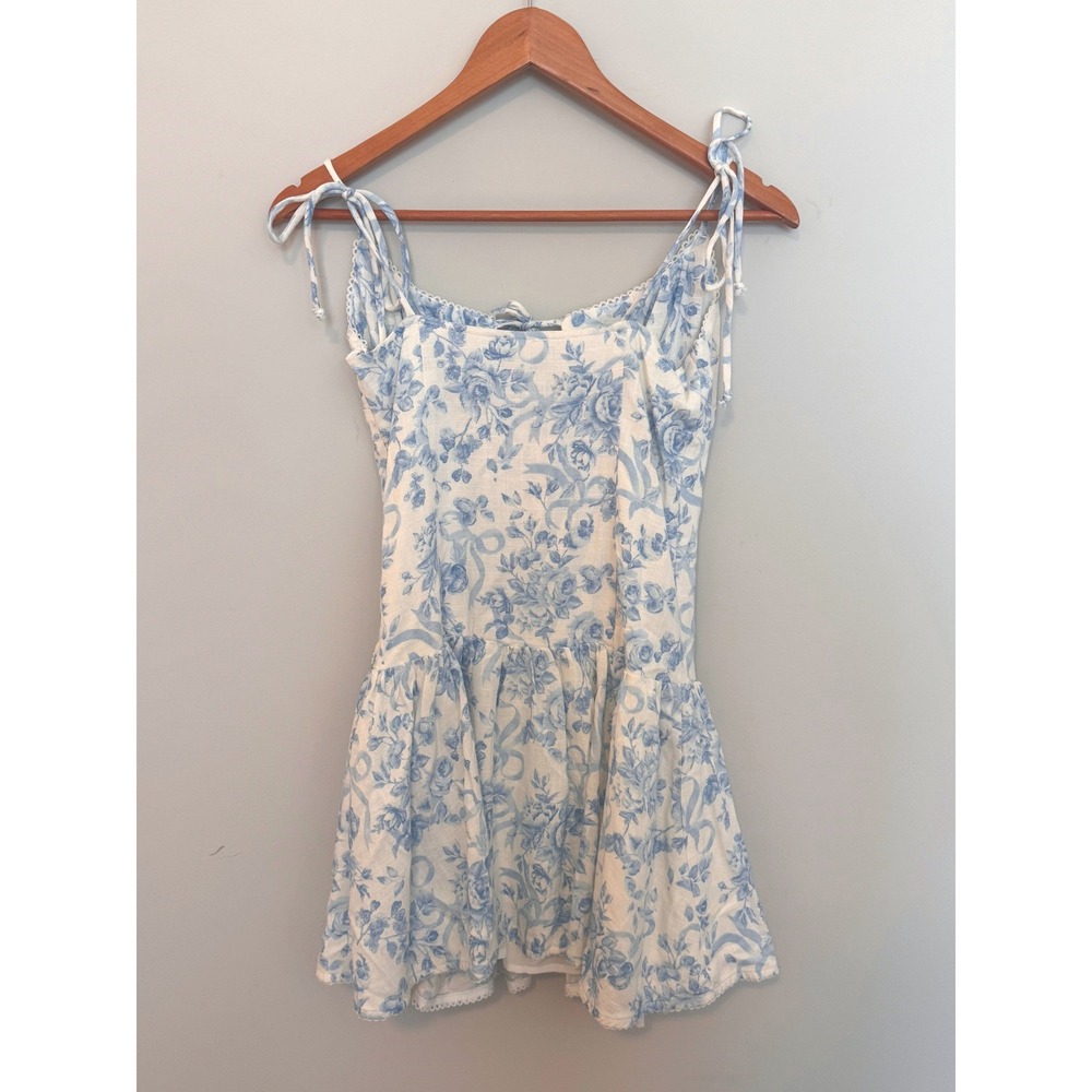 SKY TO MOON | Mini Dress Women M Blue White Floral Toile Coquette Cottagecore - Picture 5 of 5